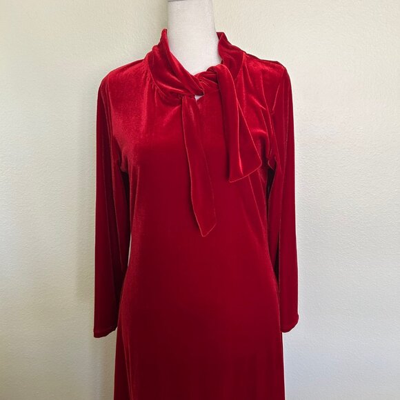 Maxi Dress Red Velvet Tie Mock Neck Long Sleeve Elegant Formal Fairy Holiday - Picture 4 of 12